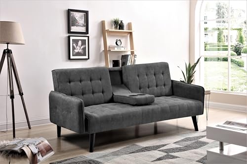 ERYE 72-Inch Linen Tufted Upholstered Futon Sofabed for Bedroom Living Room, Modern Convertible Futon Loveseat Sleeper Sofa Bed with Adjustable Backrest and Cupholders