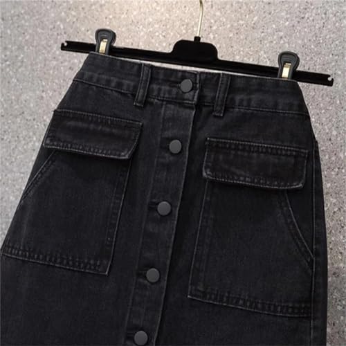 High-Waisted Single-Breasted A-Line Denim Skirt for Women, Elegant Slit Mid-Length Denim Skirt2