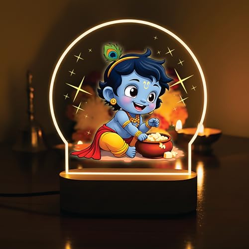 Image of Giftplease Divine Bal Krishna LED Night Light - Warm Glow Decorative Lamp for Pooja Room & Home Decor - Vibrant Printed Little Krishna /Laddu Gopal Table Lamp for Gifting & Festivals GL 10
