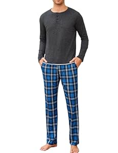 Leversic Schlafanzug Herren Lang mit DREI Knöpfe Baumwolle Langarm Pyjama Set für Männer Winter Nachtwäsche Loungewear Sleepwear, 365-Dunkelgrau, M