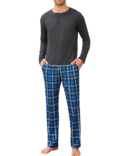 Leversic Conjunto de Pijama Invierno Hombre Algodón Camisa de Manga Larga Estilo Henley con Botones y Pantalones de Pijama de Cuadros S-3XL(Gris Oscuro,M)