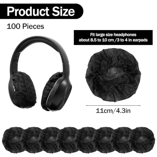 100 Piezas Protector desechable negro para auriculares, cubiertas de almohadilla de 11 cm elásticas de tela no tejida, cubiertas para auriculares para auriculares supraaurales y circumaurales miniatura 2