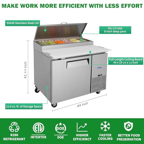 Image of Commercial Pizza Prep Table,44 inch Workspace with a Built-in Refrigerator 11 Cu.Ft and Cutting Board and Protection Lid,Cold Storage,ETL Certified,6 Pans Up for Restaurant,Bar,Shop,Silver