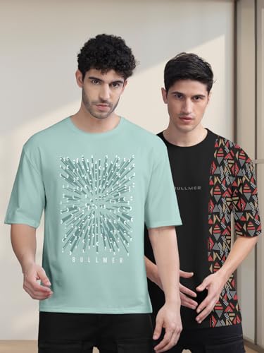 Image of BULLMER Trendy Front and Back Printed Oversized Round Neck T-Shirt for Men - Pack of 2