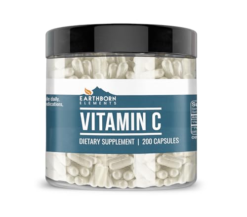 Earthborn Elements Vitamin C 200 Capsules, Pure & Undiluted, No Additives