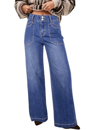 Astylish Women's Business Casual Jeans High Waist Wide Leg Trousers Double Button Denim Pants for Work Sky Blue Size 6
