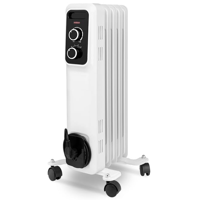 Radiador de Aceite 5 Elementos 1000W RS1000, 3 potencias de calor, Termostato regulable, blanco
