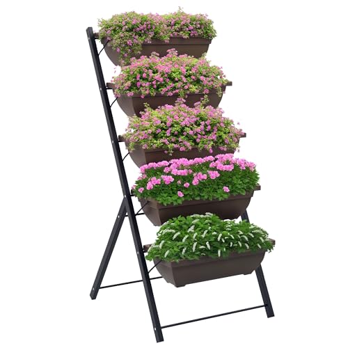 Outsunny Jardinière surélevée avec étages, jardinière Verticale avec 5 bacs à Fleurs, Trous de Drainage avec Bouchons en Caoutchouc, escalier pour Plantes, légumes, Herbes, Cadre en Acier, Marron