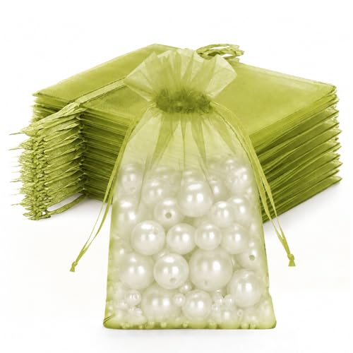 joycraft 50Pcs Organza Bags, 4"x6" Sheer Drawstring Gift Bags, Organza Jewelry Pouches, Party Favor Bags, Sage Green Organza Gift Bags, Packaging Bags for Jewelry, Makeup, Candy, Festival