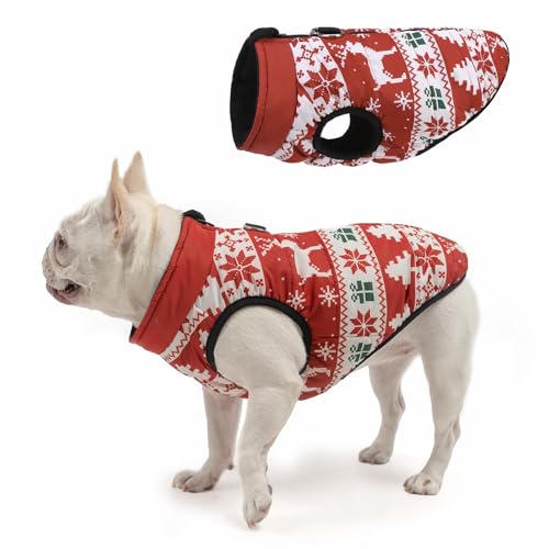 Image of SCENEREAL Christmas Winter Dog Vest Coat with Harness Built in | Warm Puppy Jacket for Small Medium Dogs, Cold Weather Coat with Zipper, Fleece Puffer Vest Windproof Snow Clothes