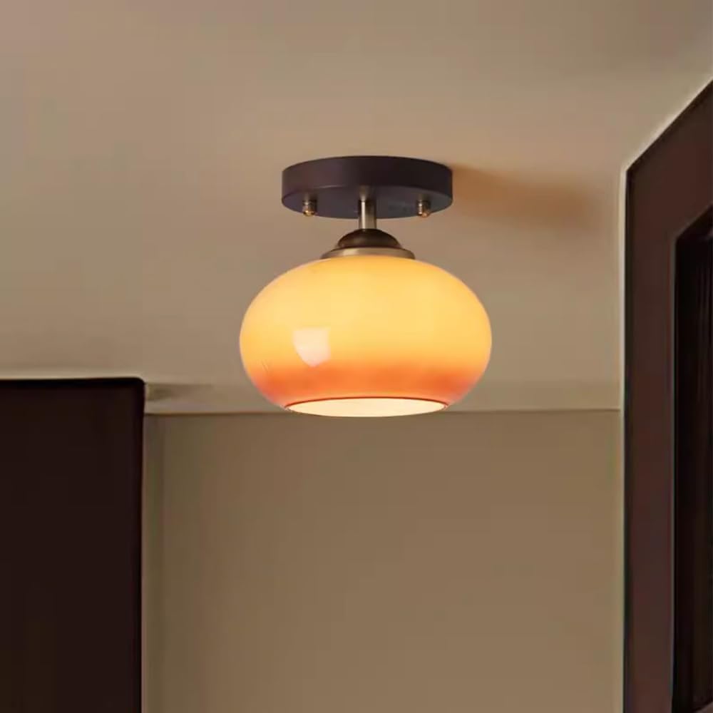 Retro Semi Flush Mount Ceiling Light Vintage Orange Amber Glass Shade Dark Wood Base Antique Brass Dome Close to Ceiling Lamp for Hallway Entryway Corridor Closet(Orange)