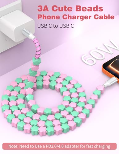 Image of USB C to USB C Cable 6FT,60W Fast Charging Beaded Charger Cord for iPhone 17 16 Pro Max 15 /iPad Pro 11th Air for Samsung S26 S25 S24 S23 A17 /Android Phone Charger Cord Cute Girl Women,Pink-Green Star