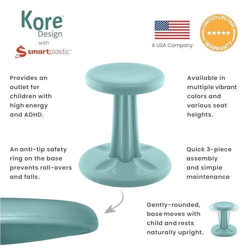 Image of Kore Kids Wobble Stool, Flexible Seating, Ages 6-7, 14in, Teal | Wiggle chair for classroom and home boosts focus, improves posture, and provides an energy outlet; anti-tip base; Made in USA