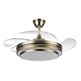 Ventilador DC serie IBE realizado en metal, policarbonato y metacrilato, en color CUERO con cuatro aspas DESPLEGABLES de metacrilato transparente muy resistentes. Tiene seis velocidades ajustables. Tecnología LED integrada con una potencia de 72W, con 3 TEMPERATURAS REGULABLES DE LUZ (3000-4000-6000K) y 6117 lúmenes. Control de aire verano o invierno. Su medida es de 34/49X50 centímetros con las aspas plegadas y de 34/49X108 centímetros con las aspas desplegadas. Incluye dos tijas de 10 ...