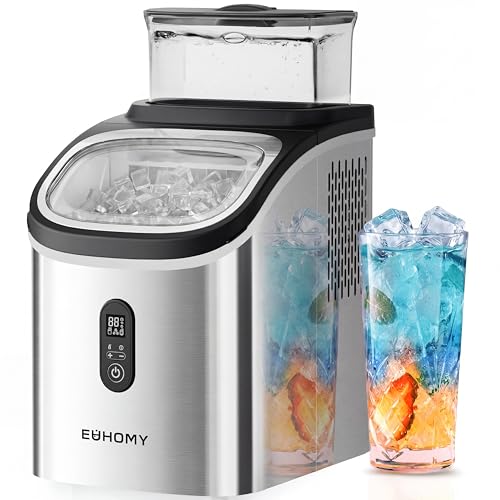 EUHOMY Ice Cube Maker Machine Countertop with External Water Tank 2 Ways to Add Water 34Lbs/Day 16Pcs Ready in 7 Mins Auto-Cleaning with Ice Scoop & Basket for Home/Kitchen/Office/Bar (Silver)