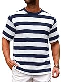Runcati Mens Short Sleeve T-Shirts Striped Casual Crewneck Basic Shirt Color Block Stretch Summer Beach Tees Navy Blue