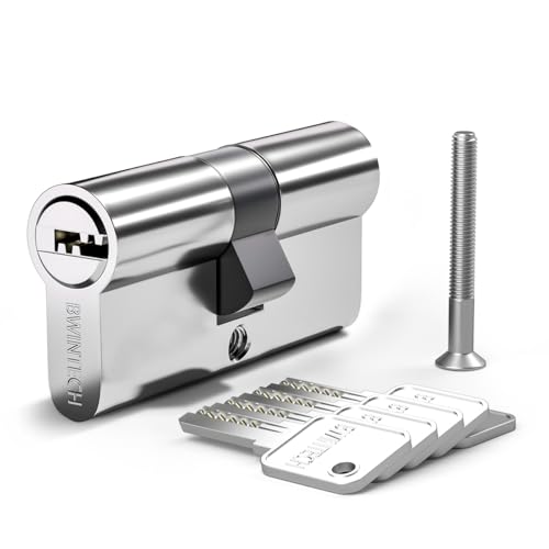 Bwintech 1 Pieza 30/40mm Euro Cilindro Latón, 70mm Cerradura con 5 Llaves Horizontales de Latón,Antiganzúa,Antitaladro,Antigolpe,Antibumping,Acabado Cromado