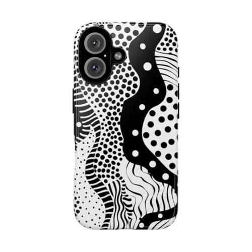 Coque iPhone 16 motif à pois abstrait noir et blanc rigide glossy