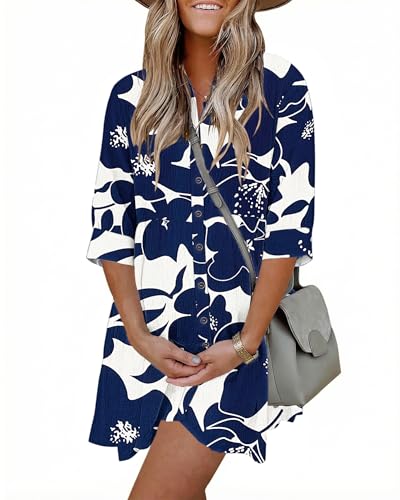 AUSELILY Summer Babydoll Dresses 3/4 Sleeve Button Down Casual A-Line Mini Cute Sundress Loose Flowy Dress with Pockets