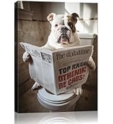 Bathroom Wall Decor Funny Cute Bulldog Sitting in Toilet Reading Newpaper Picture Print Waterproo...
