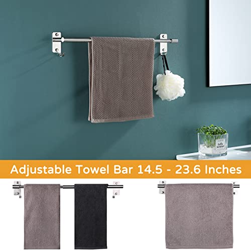 Qmlala Adjustable Towel Bar, Stainless Steel 14.5-23.6 Inches Towel Rack, Bathroom Kitchen Wall Shelf Expandable Hand Holder Towel Rod With Hooks Adhesive - Brush #TOP5