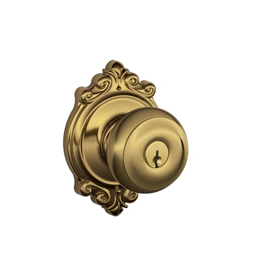 Image of SCHLAGE F51A GEO 609 BRK Georgian Knob with Brookshire Trim Keyed Entry Lock, Antique Brass