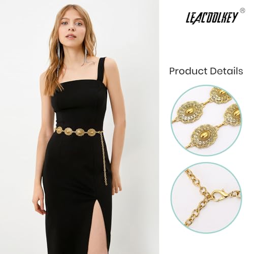 Image of LEACOOLKEY Women Turquoise Concho Chain Waist Belt Silver Western Cowgirl Metal Chain Belt for Dress Adjustable