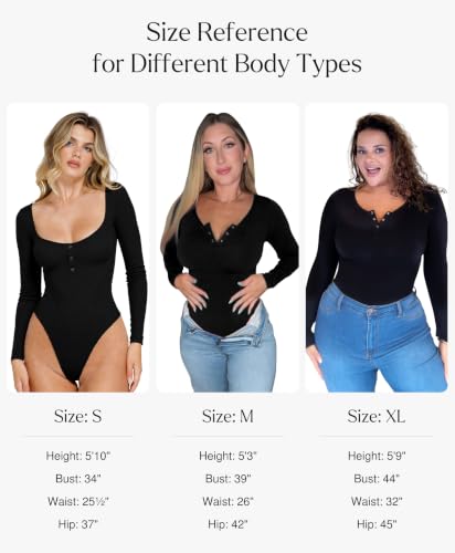 Image of Popilush Long Sleeve Shapewear Bodysuit Tummy Control Henley Button Up Modal Scoop Neck Body Suit Tank Tops