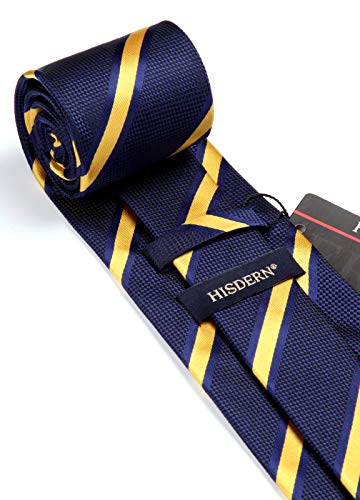Hisdern Striped Wedding Tie Handkerchief Woven Classic Men's Necktie & Pocket Square Set,Yellow / Navy,One Size #TOP3