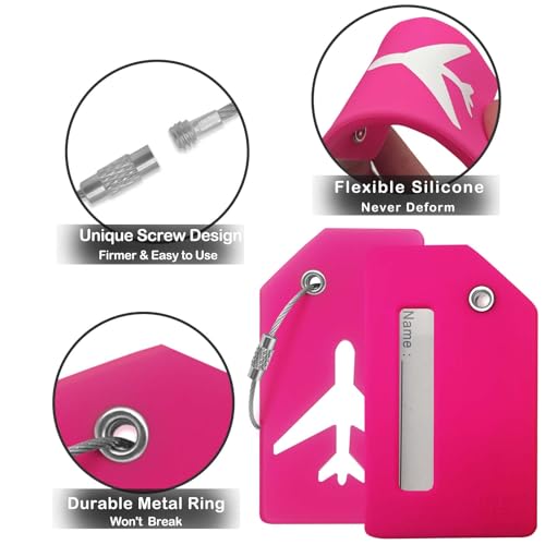 Image of 8pack Luggage Tags for Suitcases with Name ID Card,Quickly Identify Travel Tags for Luggage, Backpacks, Bags, Baggage, Cruise Suitcases - Flexible & Bright Silicone (Neo Pink