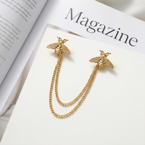 Image of Vintage Honey Bee Brooch for Women Men Cute Bee Lapel Pin with Hanging Chain Tassel Gold Animal Collar Chain Pin Elegant Dress Accessories for Jacket Hat Bag Suit Tie Holiday Party Jewelry