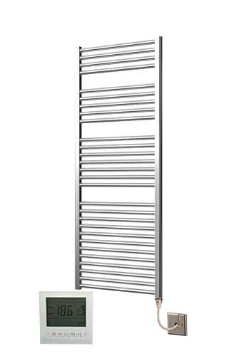 Greened House Chrome Extra High Heat Output Electric Towel Rail 600 X 1500Mm Flat Bathroom Radiator Heater Up To 26% More Heat Output + Timer And Thermostat