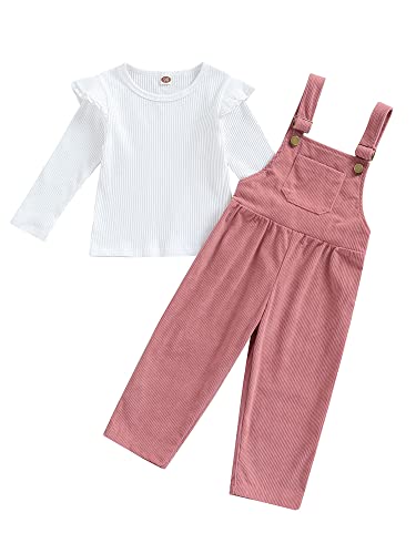 Brilliantme Toddler Baby Girl Fall Clothes 2Pcs Outfit Kids Ruffle Long Sleeve Ribbed Tops T-Shirt Suspender Pockets Pants Overalls (Pink, 1-2 Years) #TOP12