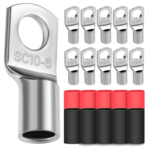 10x Cable Lugs 10mm² M6 Thickened Copper Uninsulated SC Crimp Lugs Battery Cable Ends Lugs Battery Terminals with 10 Heat-shrink Tubing 3: 1