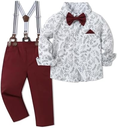 SOLOYEE Toddler Baby Boy Clothes Suit 18-24 Months Boys Wedding Formal Outfit, Dress Shirt+Bowtie+Suspender Pants Gentleman Outfits (Red, 18-24 Months)