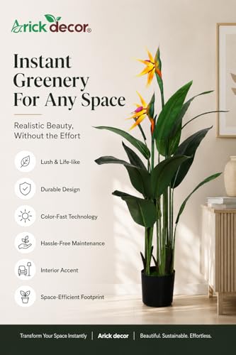 Image of ARICK DECOR Artificial Bird of Paradise Plant 4Ft Tall with Flowers - Fake Tropical Palm Tree with 2 Faux Orange Yellow Crane Flowers & Silk Banana Leaves, Large in Black Pot