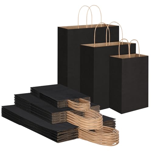 Toovip 90 Pack Black Kraft Paper Bags with Handles Bulk, 3 Assorted Sizes Gift Wrap Bags for Favors Grocery Retail Party Birthday Shopping Business Goody Craft Merchandise Take Out Sacks