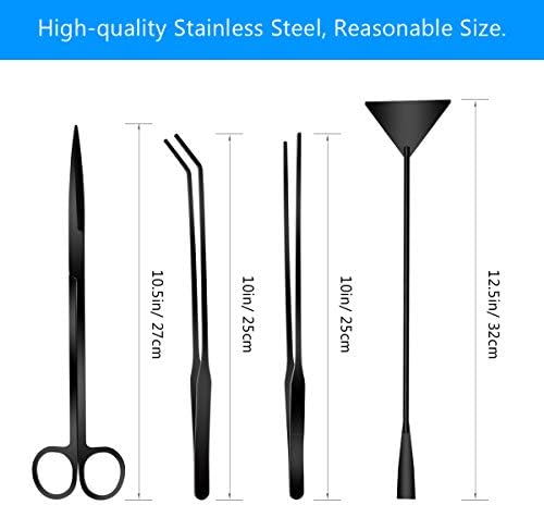 Aquarium Aquascape Tools Kit, 4 in 1 Anti-Rust Aquatic Plant Aquascaping Tool Stainless Steel Black Tweezers Scissors Spatula for Aquarium Tank Clean Fish Tank Aquascape Tools Sets (Black (Black)