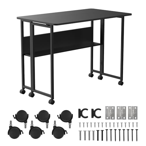 Maclean MC-126 Klappbarer Mobiler Schreibtisch 100x58 cm mit Regal Stahlgestell 50 kg belastbar Computertisch Arbeitstisch Büro Tisch auf Rollen (Schwarz)