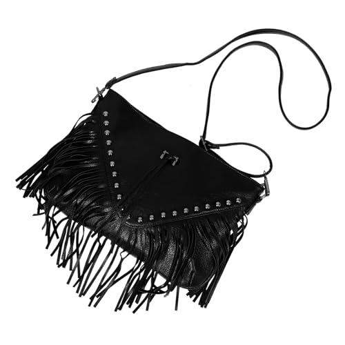 Paquet à bandoulière femme cuir souple grand cabas noir western à franges