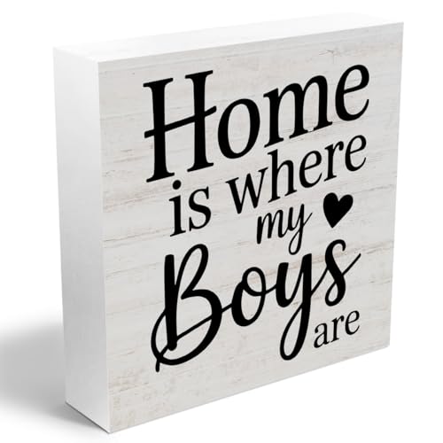 Home is Where My Boys are Wooden Box Sign,New Doy Mon Gifts，Funny Mothers Day Gifts ideas for Mom Mother Mommy，Rustic Home Family Living Room Bedroom Table Shelf Decor，Wood Block Plaque 5 X 5 Inch