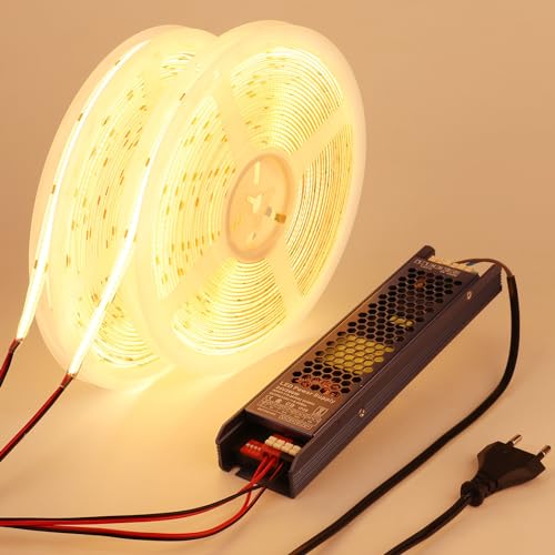 BENLUN 24V Ruban LED COB 20M (10M x 2), Bande LED 3000K Blanc Chaud Exterieur Etanche, 312LEDs/M CRI 93 Autocollante Bandeau avec Alimentation pour Chambre, Décoration Maison, Cuisine
