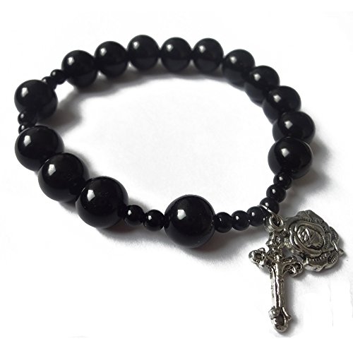 Ytbeauti Jesus Religious Black Nature Agate Rosary Beaded Bracelet Elastic with Rose and Cross Men