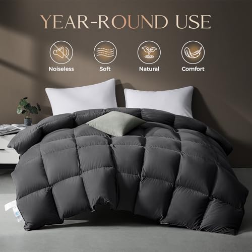 downluxe Goose Feather Down Fiber Comforter California King Size, All Seasons Duvet Insert California King, 3D Baffle Box Fluffy Grey Comforter California King with Corner Tabs, 104"x96"