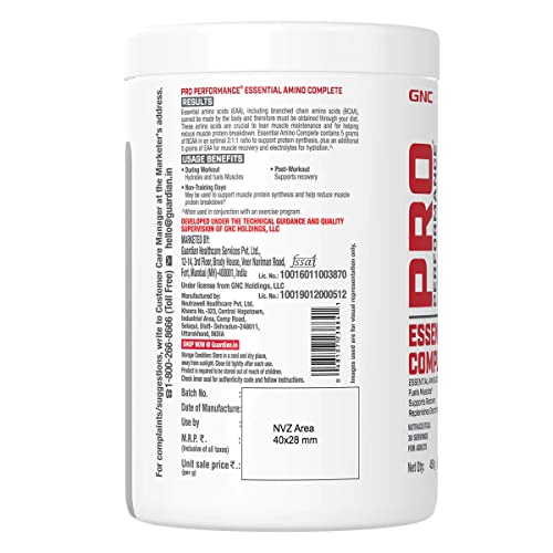 GNC Pro Performance Essential Amino Complete | 450 gm | 30 Servings | Fuels Muscle Growth | Beats Fatigue | Prevents Muscle Cramps | 10g EAA | 100mg Caffeine | 2mg Vitamin B6 | Blue Raspberry