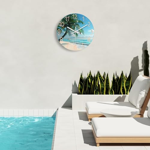 Image of XFM Large Blue Beach Wall Clock 20 Inch Coastal Theme | Silent Non-Ticking Battery Operated Modern Glass Tropical Palm Tree Decorative for Living Room Kitchen Bedroom Office