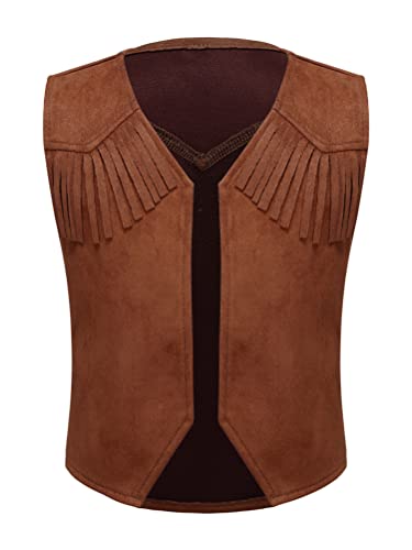 Kids Boys Western Cowboy Dress Up Vest Suede Leather Fringe Open Front Jacket Waistcoat for Halloween Party