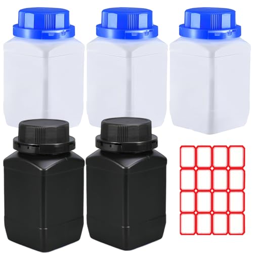 Ksvaye - Ksvaye 5 x 500 ml bouteille à bouche large avec bouchons à vis, flacon pour substances chimiques avec 16 étiquettes, flacons chimiques en PEHD pour laboratoire, cuisine ou loisirs (3 x blanc + 2 x
