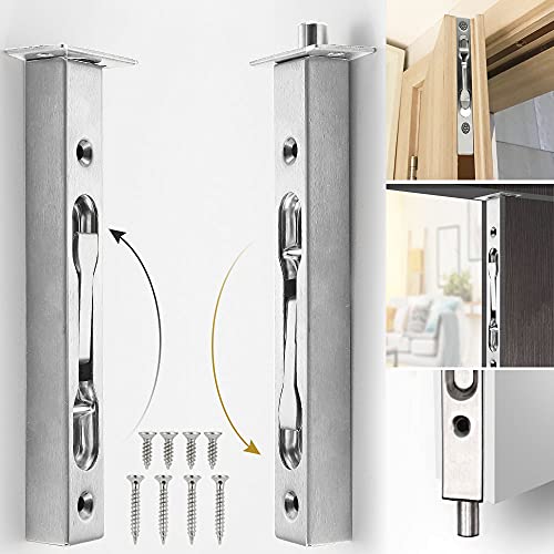 BUZIFU 2 Pack Door Flush Bolt Latch 6 Inch Concealed Door Bolt Slide Bolt Lock Security Lever Action Gate Latch Bolt 304 Stainless Steel Brushed Door Flush Lock Slide Latch with Strike and Screws