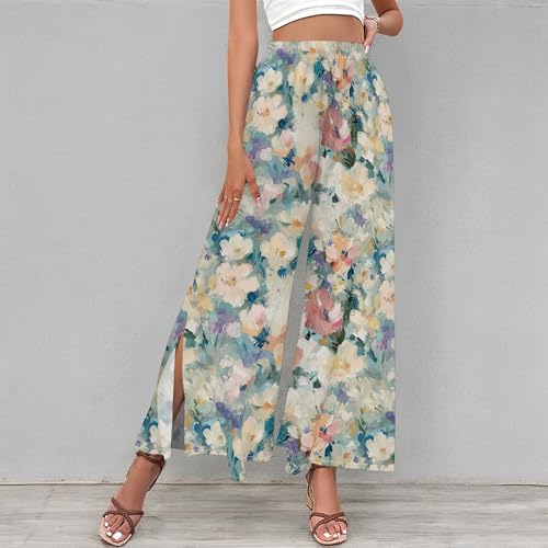 Floral Wide Leg Pants Women Elastic Waist Summer Beach Pant Side Slit Flowy Boho Trouser Tropical Lounge Baggy Jogger3